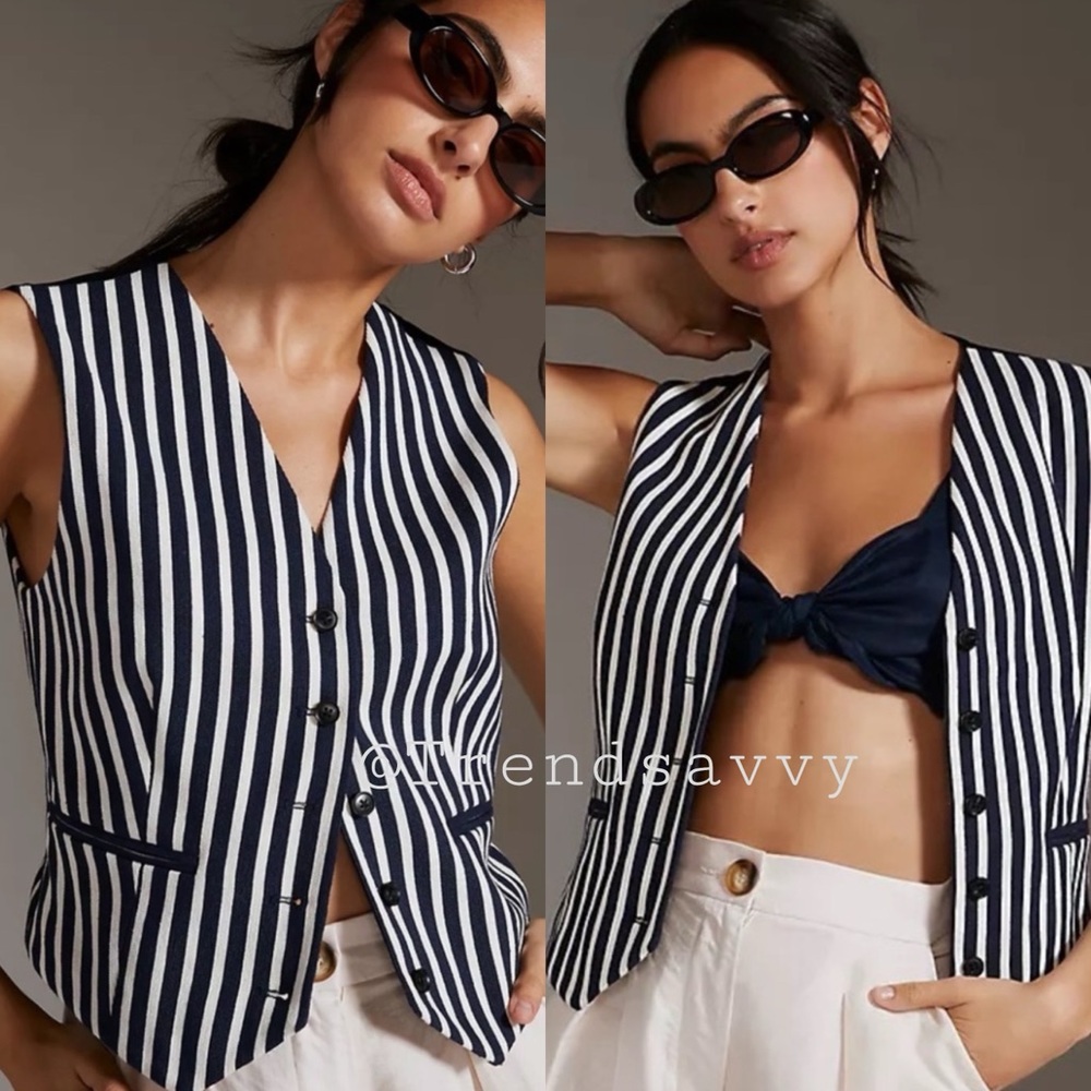 Anthropologie Hutch Striped Tailored Vest Black White Size M NWT